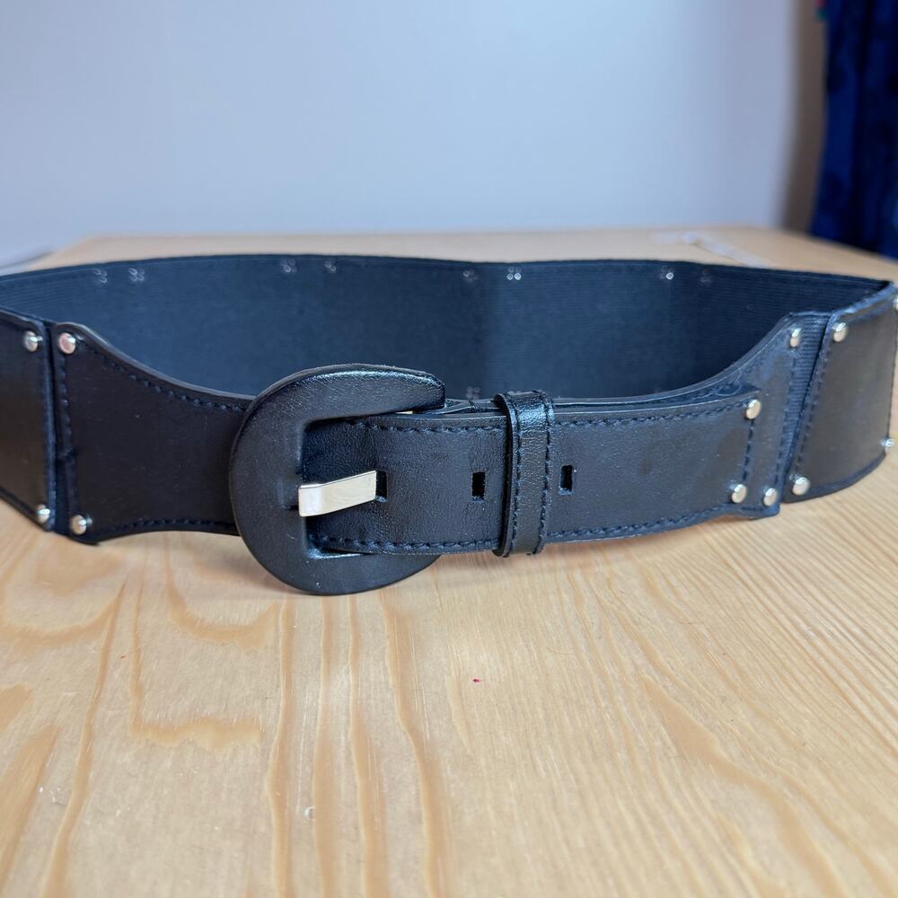 Calvin Klein women’s Belt Black Leather Stretch Studded Silver 90s M/L
